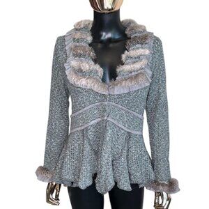 Ania.A Gray Metallic Silver Knit Sweater Jacket w/ Real Rabbit Furt Trim Medium